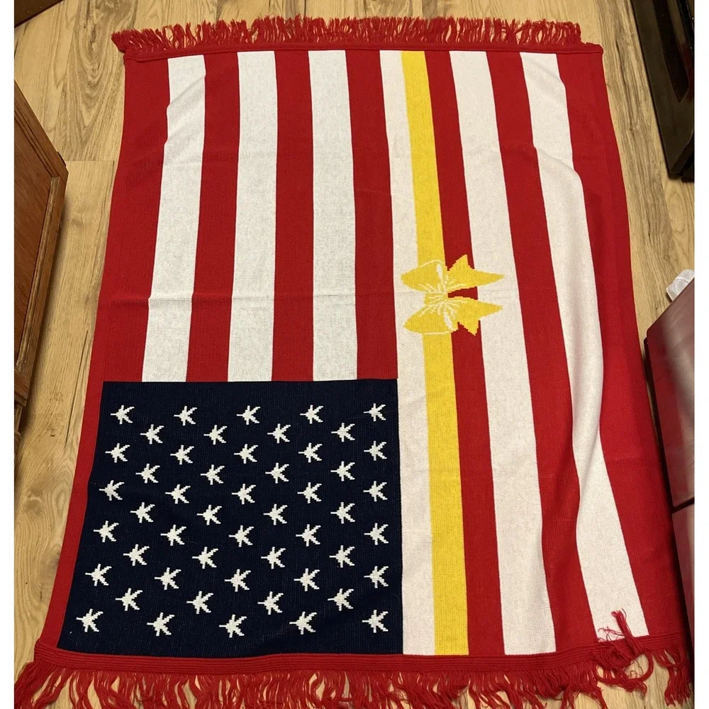 Vintage Logo Knits American Flag Throw Blanket Handmade 59 X 50 Yellow Ribbon